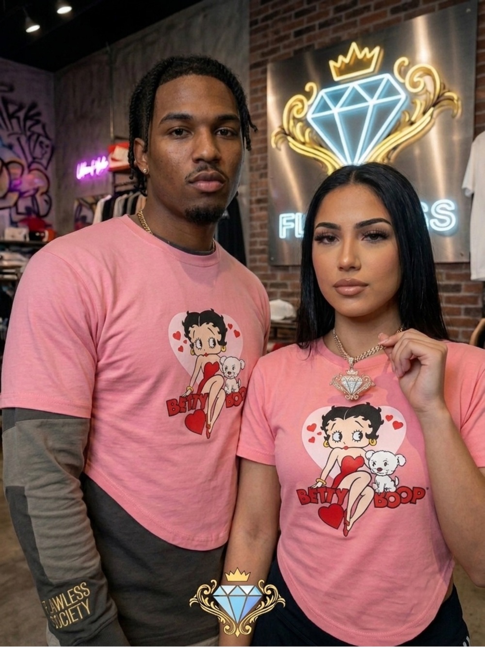 ROMWE Men’s Pink Betty Boop Graphic Curved Hem Cropped Tee | Size Large
